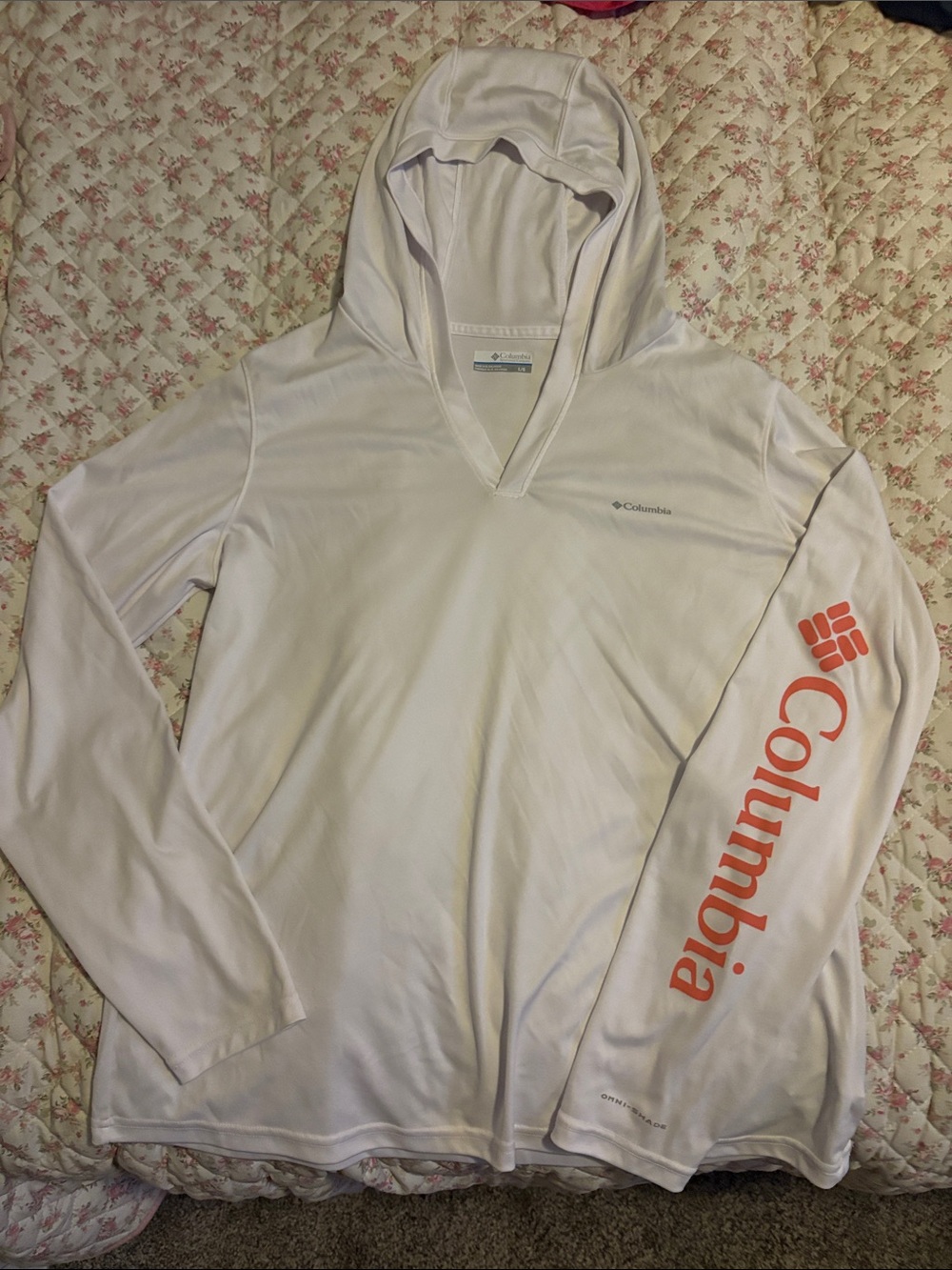 Columbia White Hooded Long Sleeve with Coral Sleeve Logo